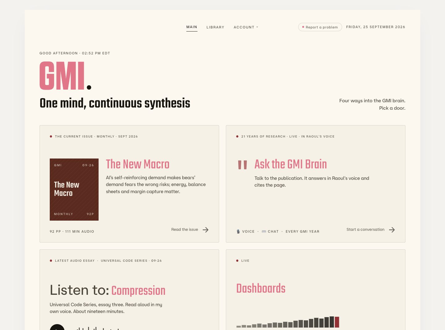 The GMI member platform: Read, Ask the GMI Brain, Listen and Dashboards